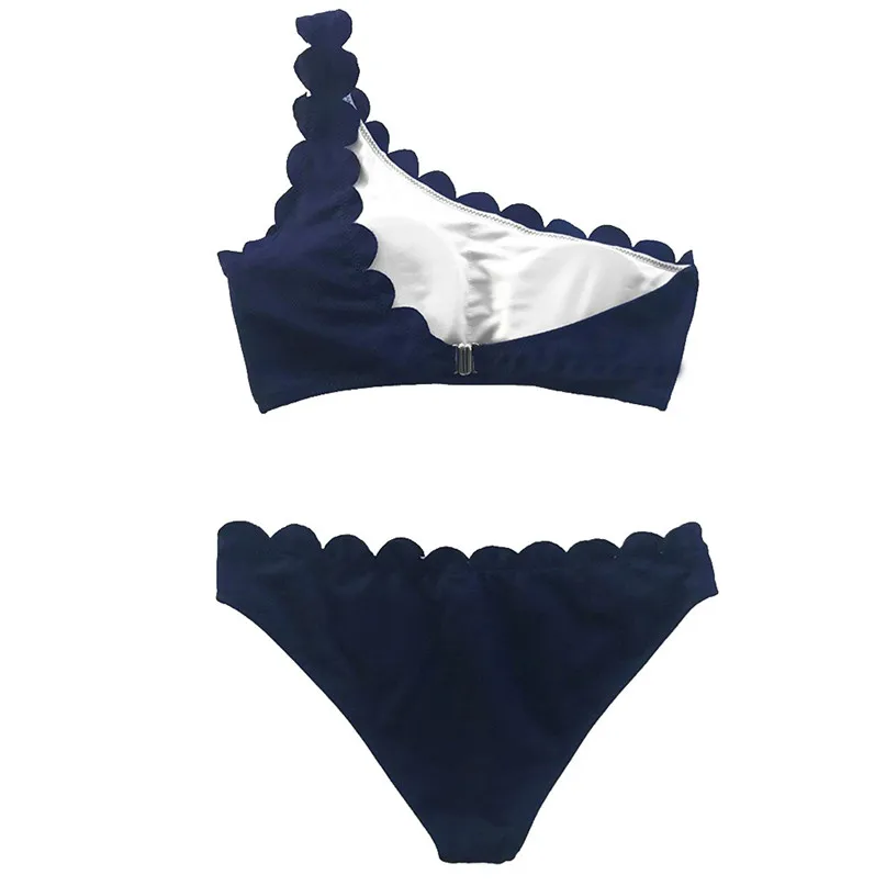 Sexy Bikinis Set Women Solid Color One Shoulder Wavy Bikini Set Swimwear Beach Swimsuit for Vacation #2d06 (10)