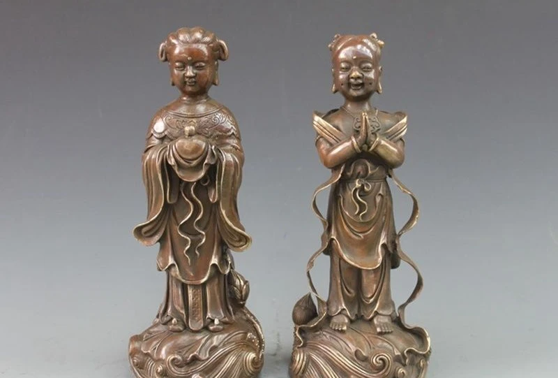 

Chinese Bronze Kwan-yin disciple Lotus TongZi Boys & Blessing Girls Statue Pair a5.19