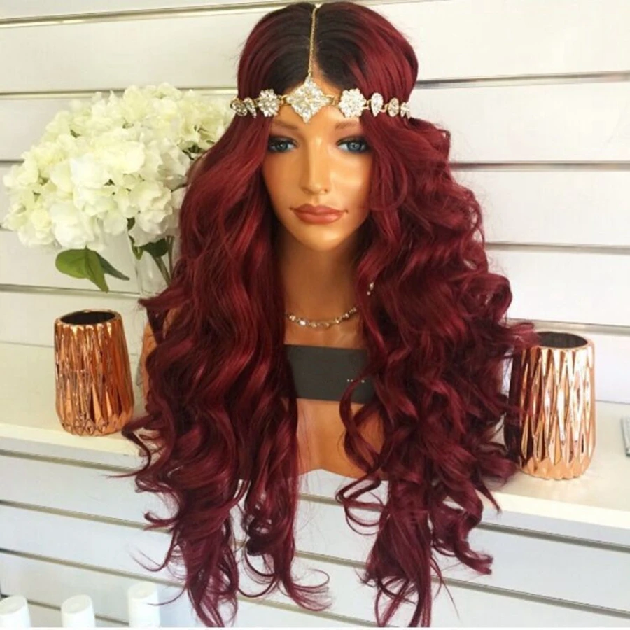 EEWIGS 180% Плотность Красный парик термостойкие синтетические Синтетические волосы на кружеве парик с натуральный волос длинные волнистые Омбре парики для черный Для женщин