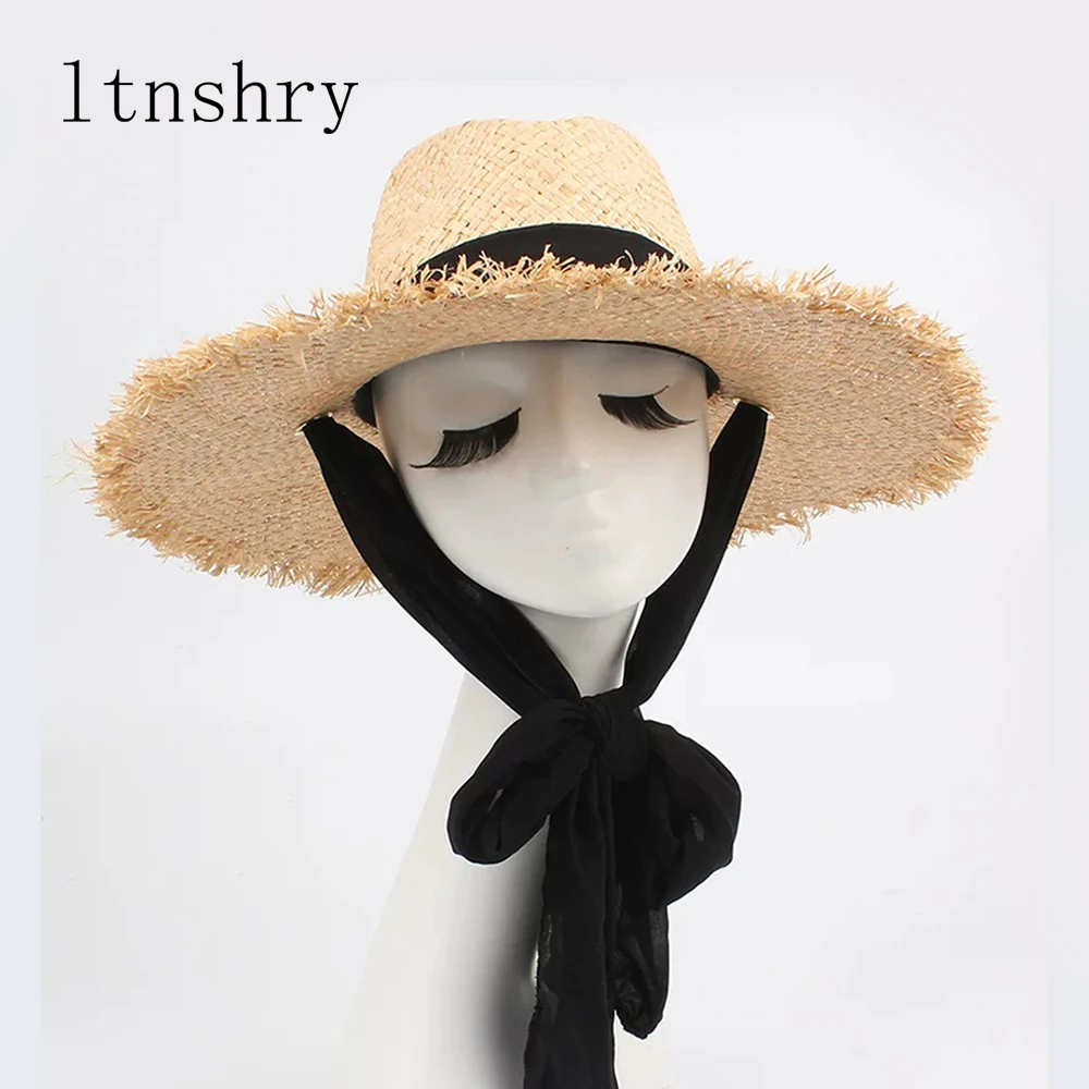 Summer Caps Raffia Sun Hats Visor For Women Black Ribbon Lace Up Large
