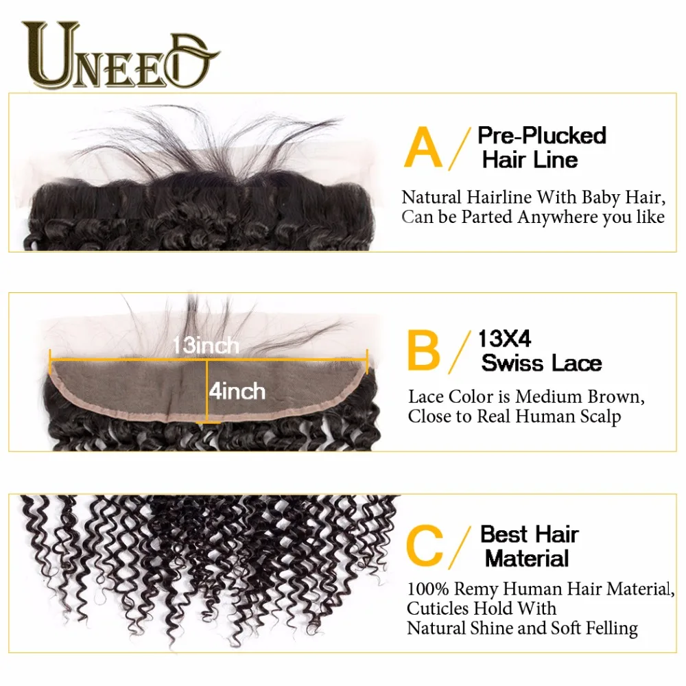 Uneed Brazilian Kinky Curly Hair Bundles With Lace Frontal Closure Brazilian Remy Human Hair Weave 3 or 4 Bundles With Frontal