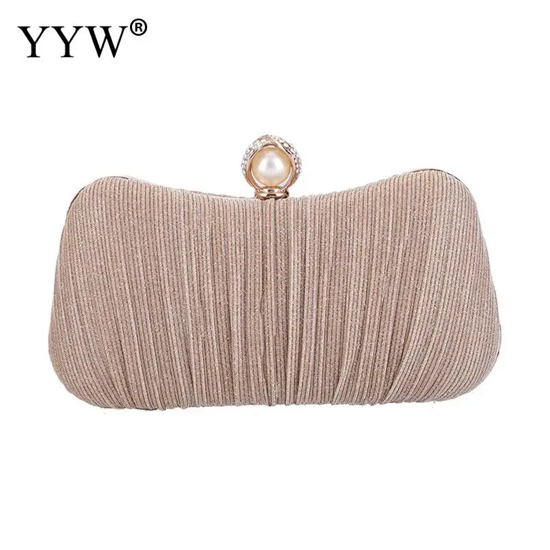 

Stain Pleated Pearl Studded Wedding Evening Bridal Bridesmaid Clutch Purse Pillow Shape Pochette Femme Gold Women Evening Bag