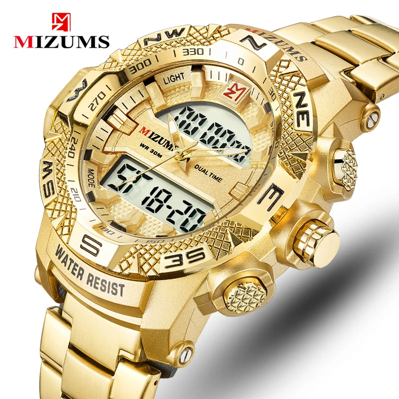 MIZUMS Модные мужские военные спортивные часы золотые кварцевые аналоговые
