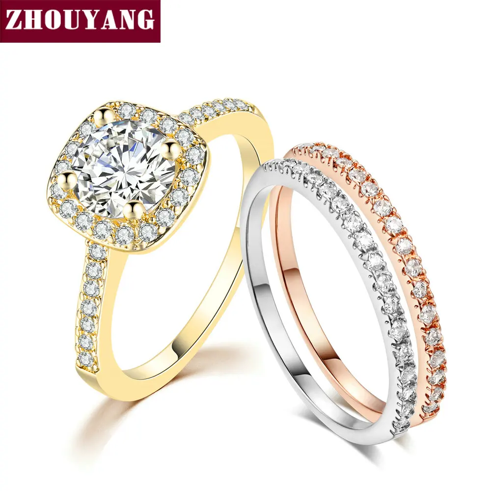 ZHOUYANG Engagem Wedding Ring Sets For Women Classic Round Cut AAA+ CZ Yellow Color Fashion Jewelry Chirstmas Gift SR559