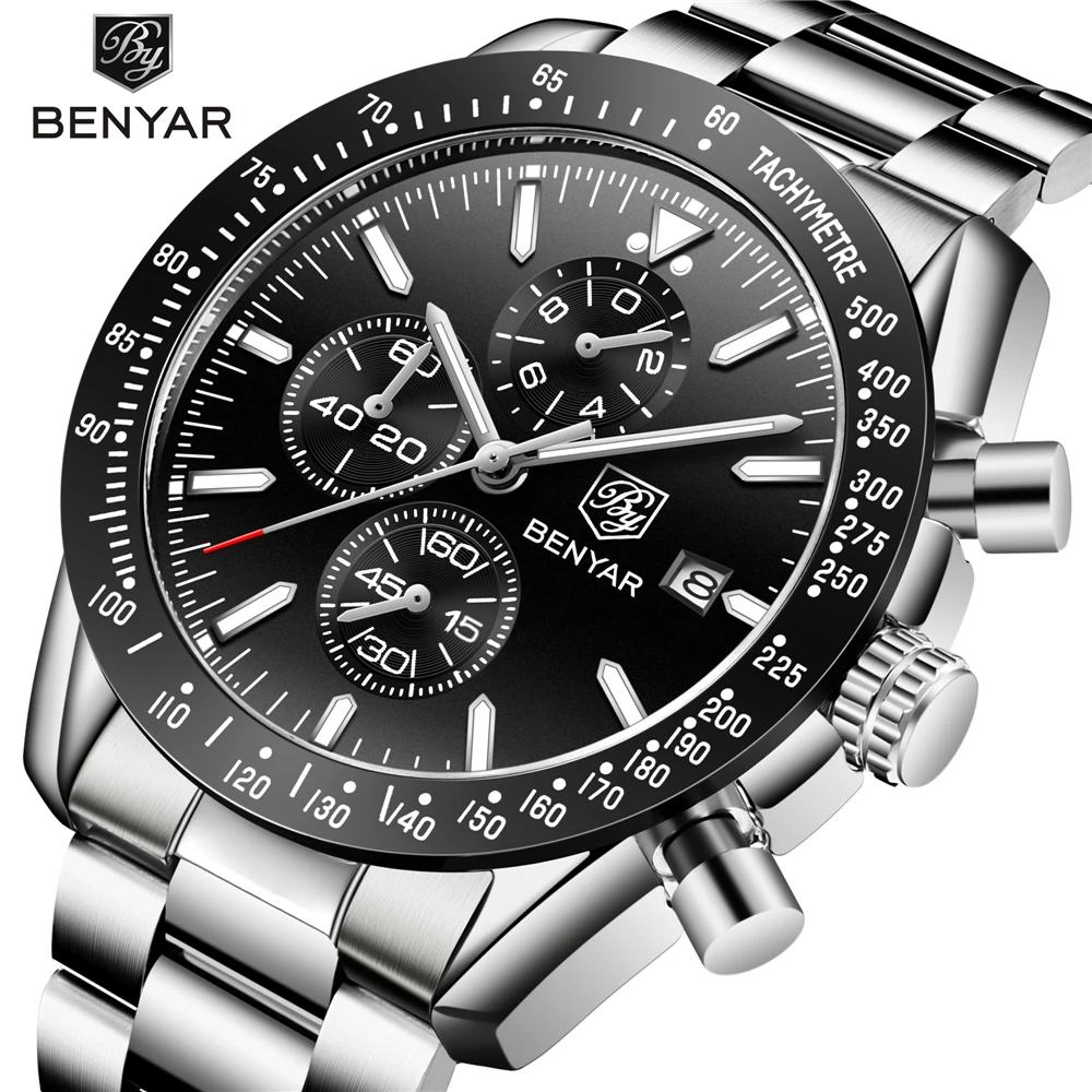 

BENYAR 2018 watch men's luxury brand men's blue watch steel belt watch men's chronograph watch men's Relogio Masculino