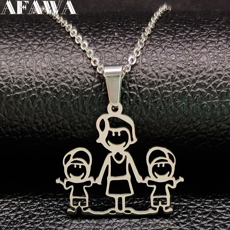 

2019 Fashion MOM TWO BOYS Stainless Steel Necklaces Pendants for Women Silver Color Necklace Kid Jewelry bisuteria mujer N1875