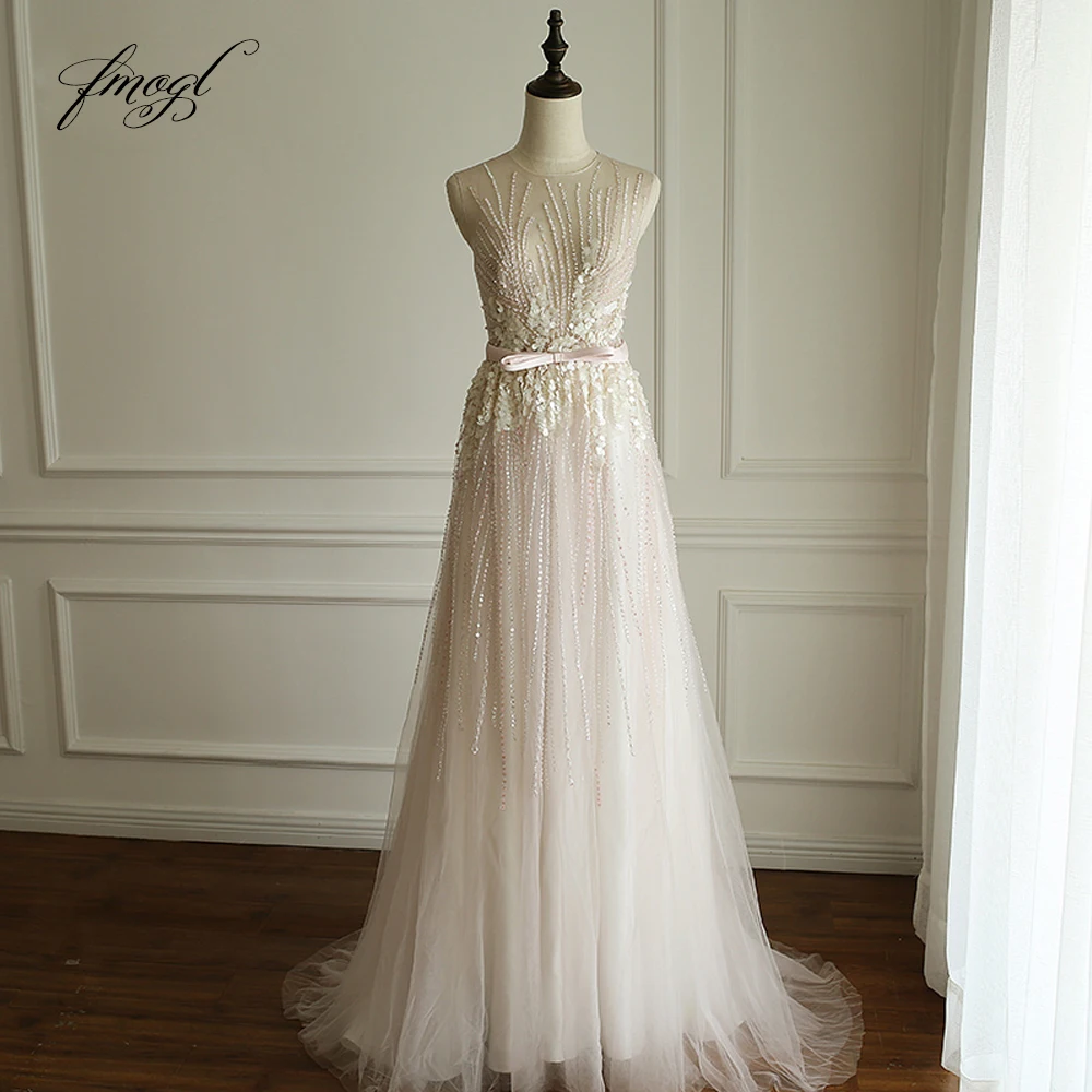 

Fmogl Sexy Illusion Flowers Long Evening Dresses 2019 Beaded Pearls Sweep Train Formal Dress For Party Vestido De Festa