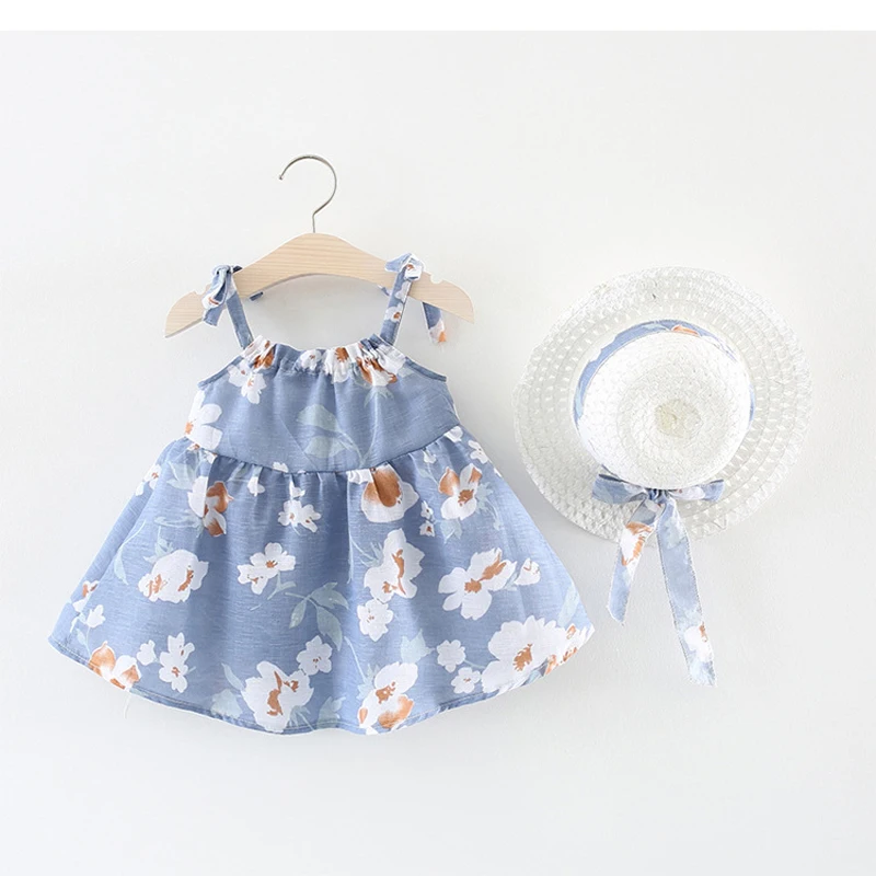 

Girl Clothes New Summer Kid Dress Cotton Printed Beautiful Flower Princess Girls Dress Send Hat 2Pcs For Baby Clothes
