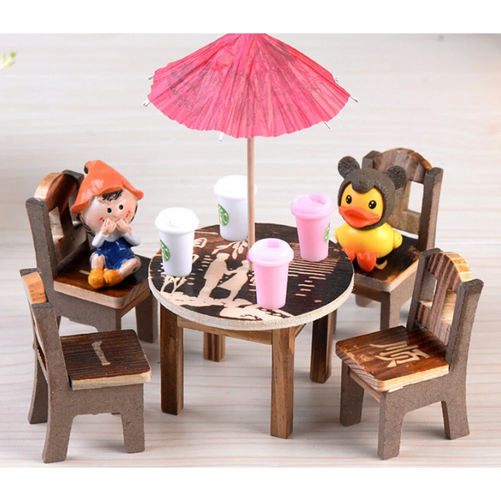 Kawaii 6 Pcs/set Wooden Desk Chair Miniature Fairy Umbrella Dollhouse Garden Home Ornament Decor Random Color