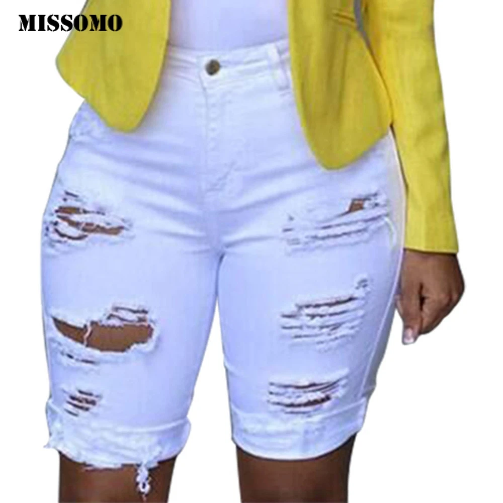 MISSOMO denim jeans womens Elastic Destroyed Hole Leggings Short Pantsdenim jeans shorts black skinny jeans strech jeans women