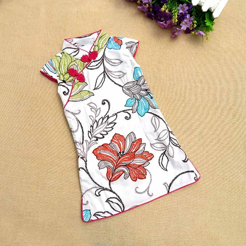 

HI BLOOM Summer Vintage Floral Pattern Chinese Traditional Cheongsam Dress Qipao Clothes Short Tang Suit For 2-11Y Little Girls