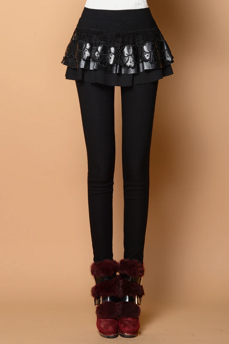 Зимние леггинсы с юбкой, имитация двух штанов, женские полиуретановые кружевные Прошитые тонкие эластичные большие размеры плюс бархатные черные штаны