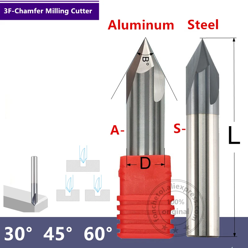 

Free shipping-1PCS,CNC tungsten carbide aluminum and steel Chamfer milling cutter,30&45&60 degree tialn coated 3 flutes end mill