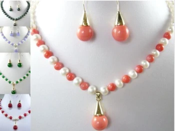

$wholesale_jewelry_wig$ 5 color choice-white/black pearl &green/purple jade/shell necklace pendant earrings set