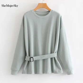 

SheMujerSky Women Solid Sweatshirt Loose O-neck Hoodies With Belt polerones mujer 2018