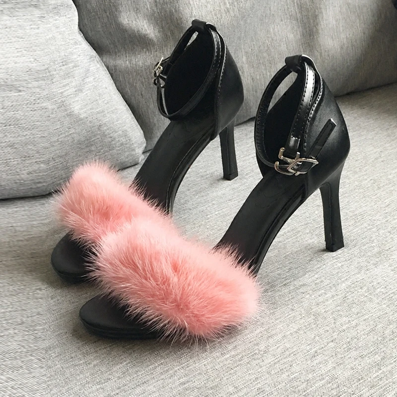 

New 2018 Spring Summer Shoes Woman Sandals Mink Hair High Heels Sandals Design Woman Ankle Strap Party Sandals Woman Shoes Tide