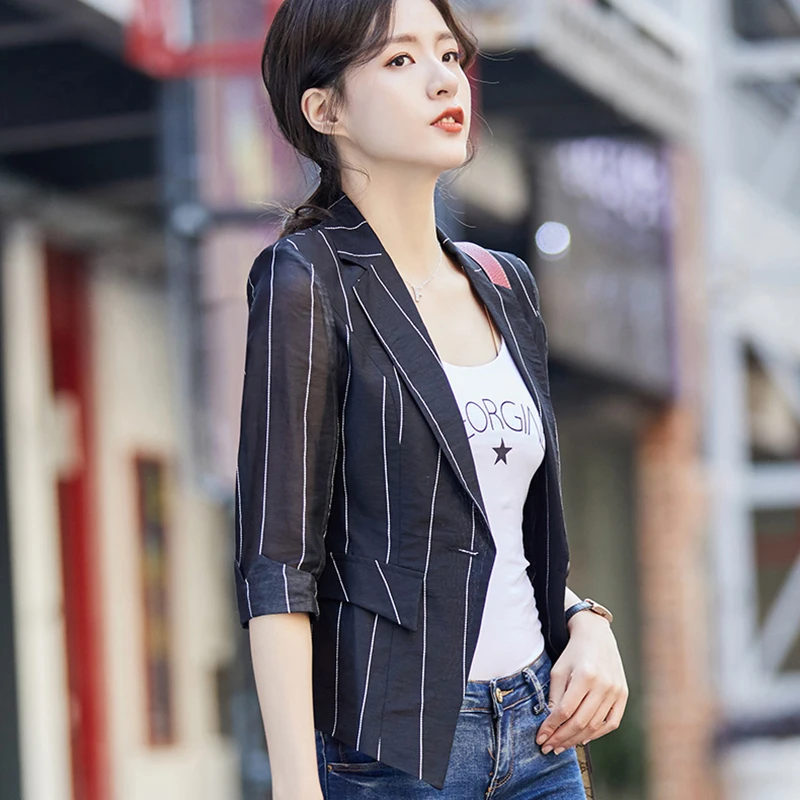 women blazer turn down collar slim Spandex blazer mujer 2019 Solid color Striped Casual retro vogue blazer New arrive fashion