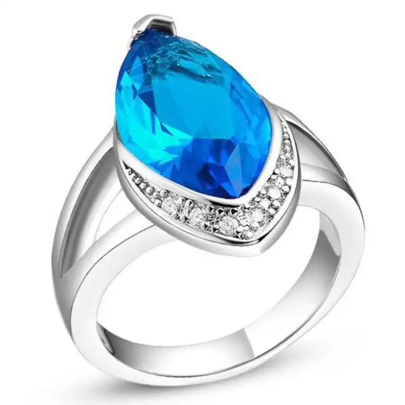 925 Sterling Silver Water Drop Shaped Rings Imitated Blue Crystal Cubic