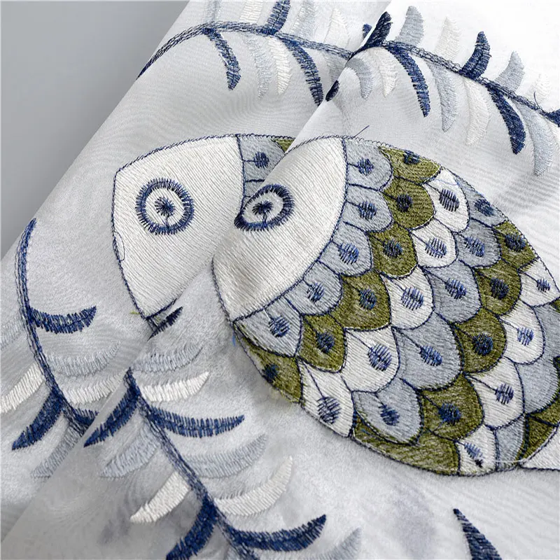 

Chinese Style Linen Small Fish Embroidered Curtain, Balcony, High-grade Shading Curtains for Living Dining Room Bedroom