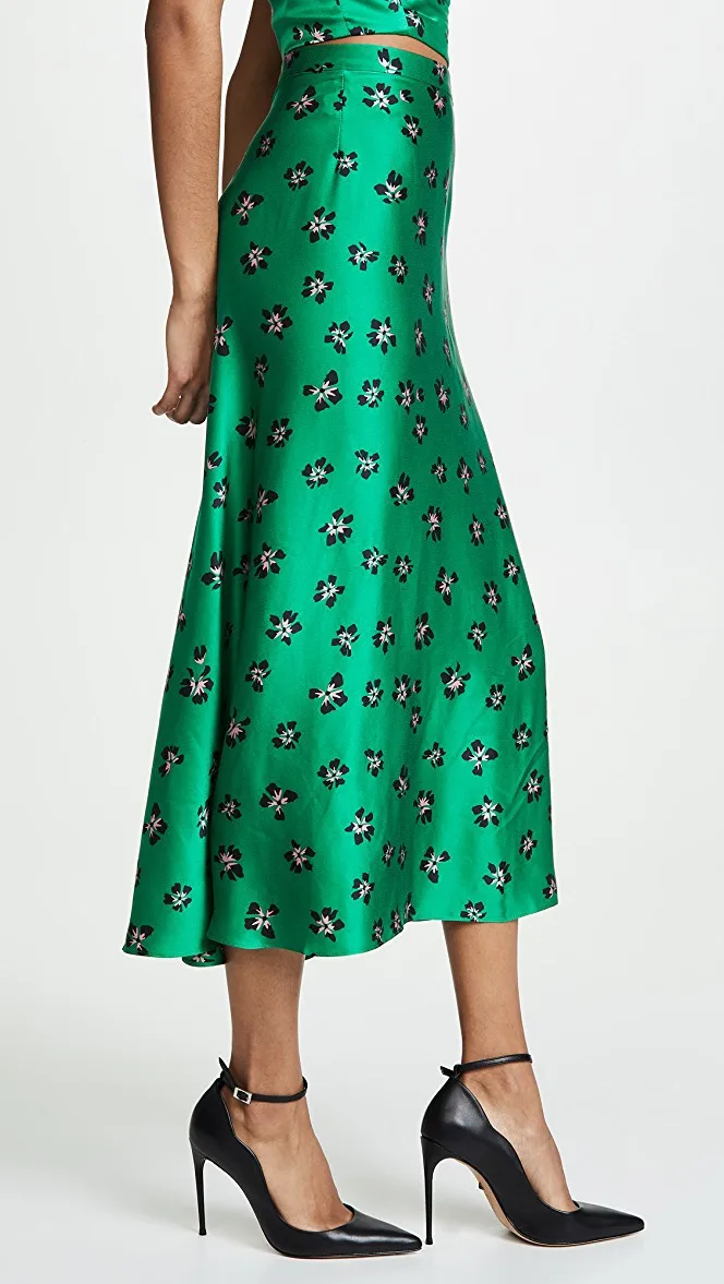 

Green Floral Print SILK SATIN MIDI SKIRT Ruffled Hem High Grade Skirts for women