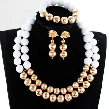 

Splendid White and Gold African Beads Jewelry Sets 2 Layers Round Beaded Wedding Nigerian Party Jewelry Set CNR061