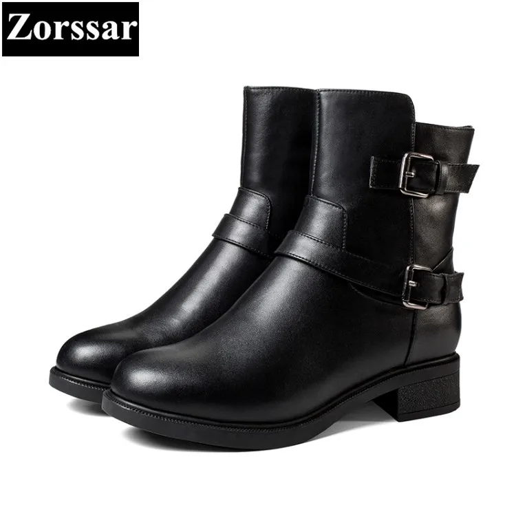 

{Zorssar} New fashion Genuine Leather womens boots Solid Low heel ankle Motorcycle boots winter warm women shoes bottine femme