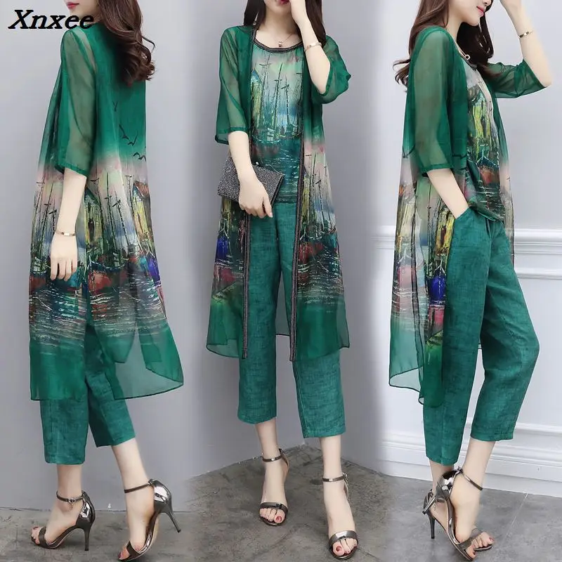 Largr Big Size Cardigan 3 Piece Set Women Chiffon Ensemble Femme Deux Pieces Trousers Suit Conjunto Feminino Women's Tracksuit