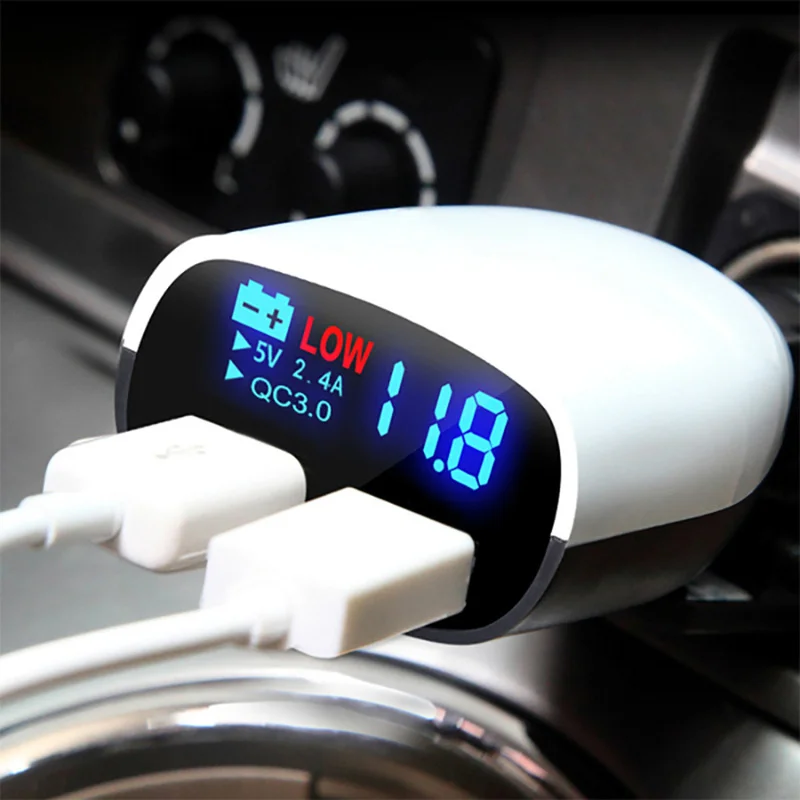 

NEW Led Smart Display Dual USB Car Charger Dropshipping QC3.0 & 2.4A Fast Charging Auto Portable Digital Charger White