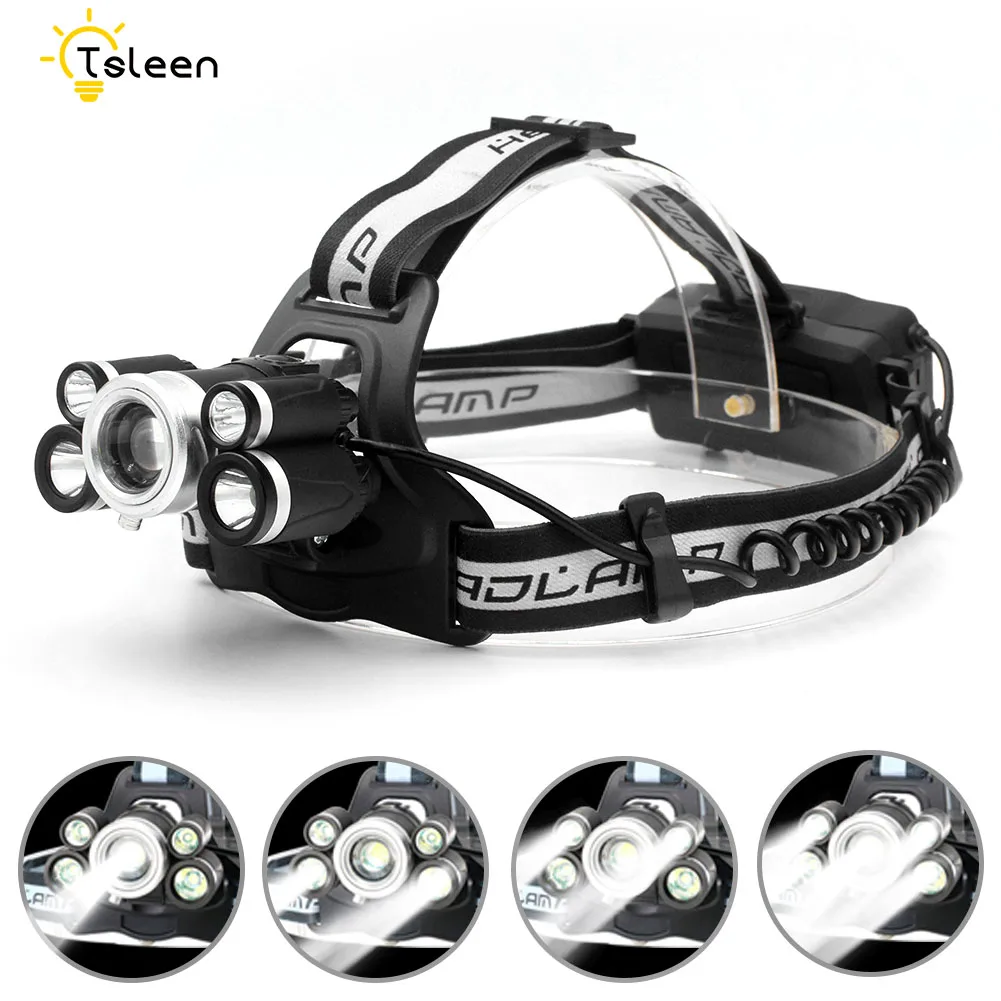 

CREE 5*LED XML-T6+R2 Headlamp 3000 Lumens 5modes Zoomable Headlight Rechargeable Head Lamp flashlight+2*18650 Battery+USB Cable