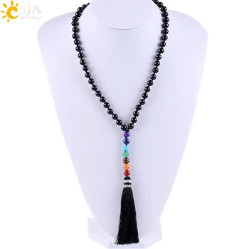 

CSJA Natural 7 Chakra Maxi Women Men Boho Necklaces Black Onyx Mala Yoga Beads Long Necklace Statement Silk Tassel Handmade E589