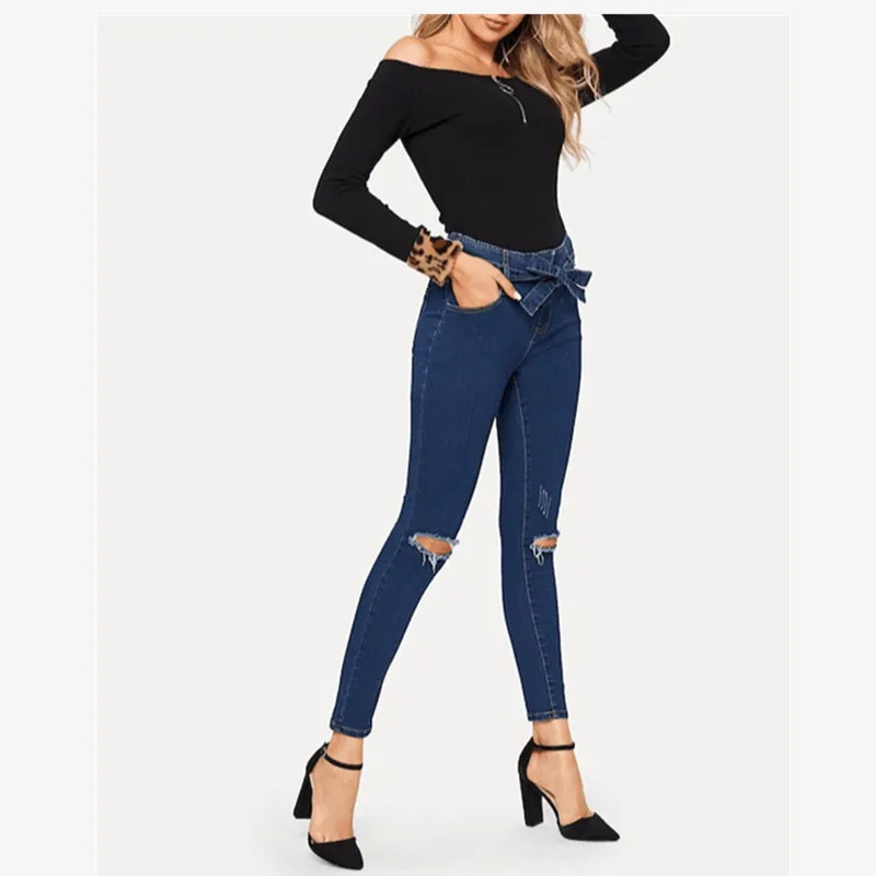 

Popular new hole female feet pants high waist casual jeans fashion tight jeans stretch hot women's denim trousers