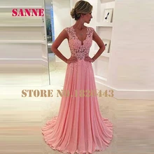 2016 süß V-ausschnitt A-line Chiffon Prom Kleider Spitze Appliques Sweep Zug Abendkleid Sheer Kappen-hülsen Formales Partei-kleid