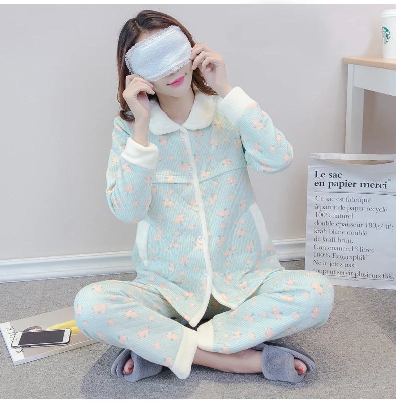 Уход пижамы осенние и зимние модели для беременных пижамы Грудное вскармливание пижамы хлопок для беременных ночная рубашка комплект