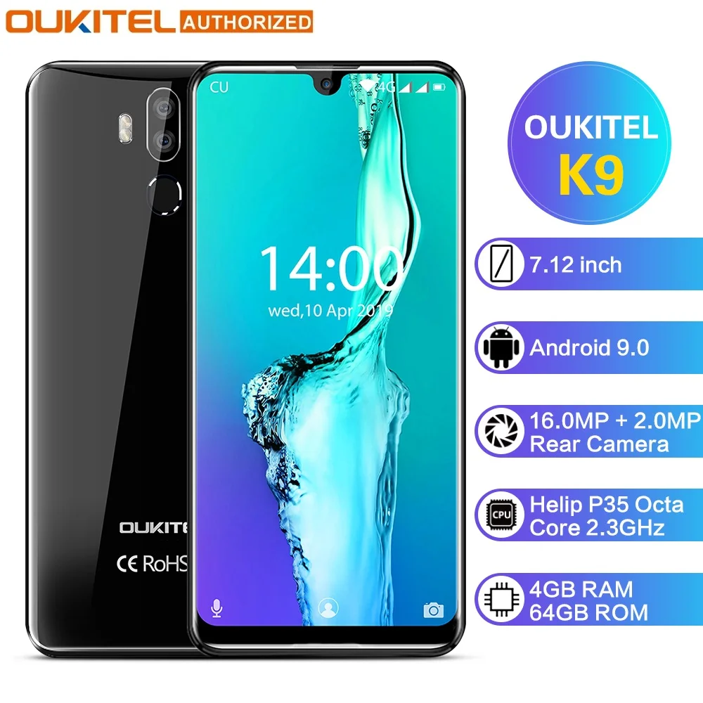 Смартфон OUKITEL K9 с водяным падением для лица 7,12 "FHD + 1080*2244 16MP + 2MP/8MP мобильный телефон 4 Гб 64 Гб 6000 мАч 5 В/6A Быстрая зарядка OTG