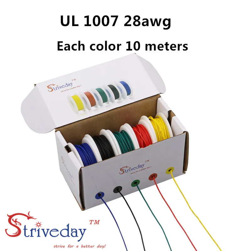 UL 1007 주석 도금 구리 케이블 절연 와이어, PVC 연선 전자 와이어, 상자 당 50 미터, 28awg, 5 가지 색상 혼합 세트 키트