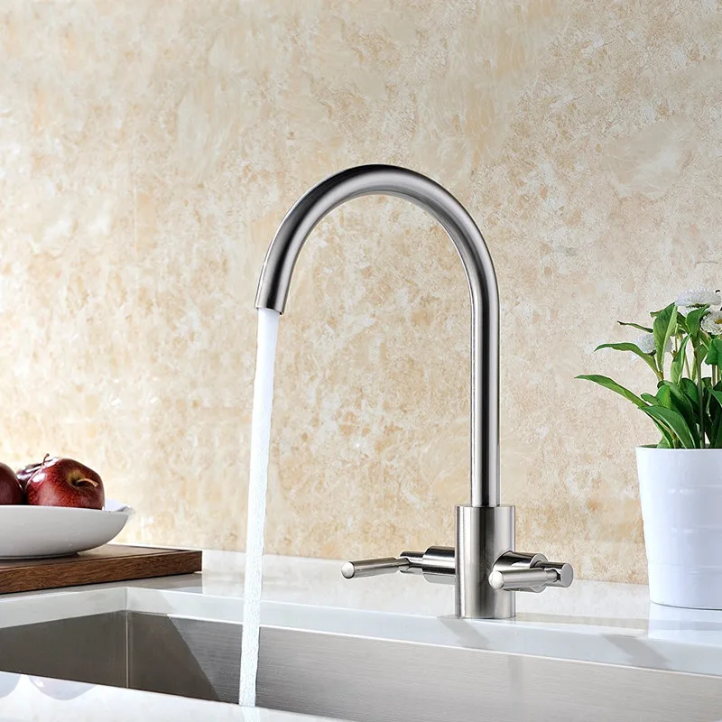  Bagnolux Solid Brass Contemporary Brushed Steel Double Lever Kitchen Sink Mixer Bar Taps Ideal Stan - 32811280693