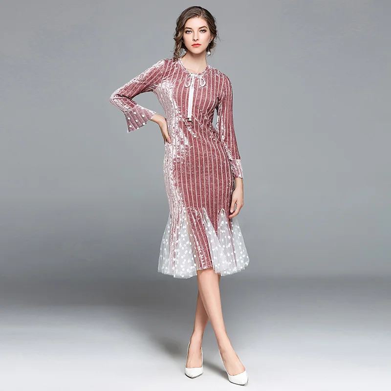 Высокое качество зимнее розовое рыбий хвост вязаное бархатное платье женские платья новое поступление Сетчатое облегающее длинное платье с расклешенными рукавами