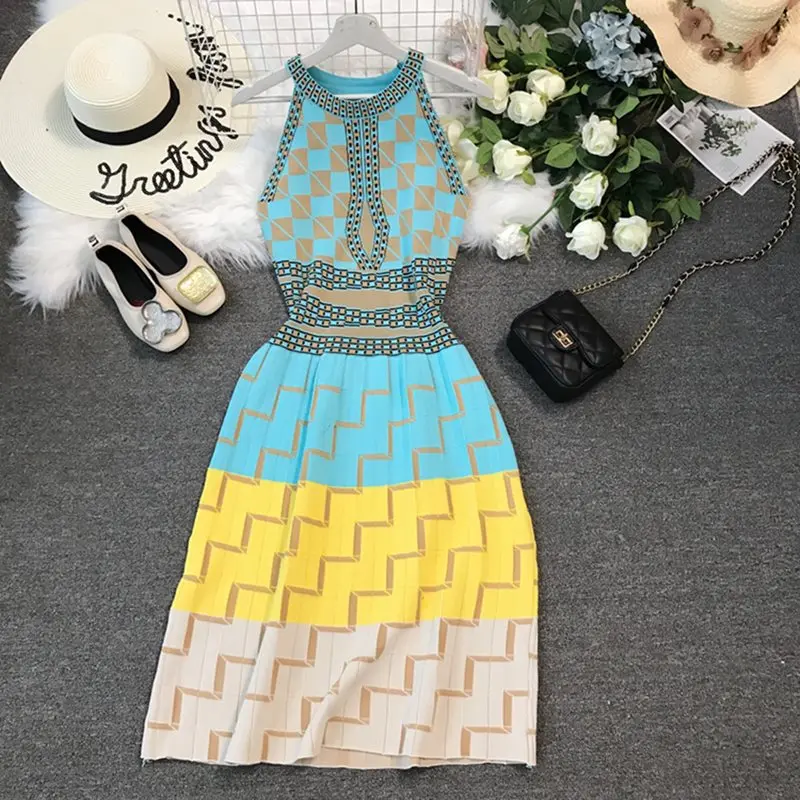 

2019 New Vintage Plaid Color Block Elegant Summer Dresses Women Sleeveless Blue School Chic Street Travel Fashion Knitted Dress