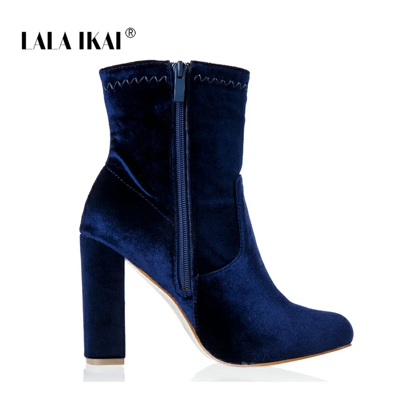 LALA IKAI/женские зимние ботинки с круглым носком; бархатные ботильоны для женщин; ботинки на платформе с квадратным каблуком; botas mujer; 014N1466-49 - Цвет: Blue