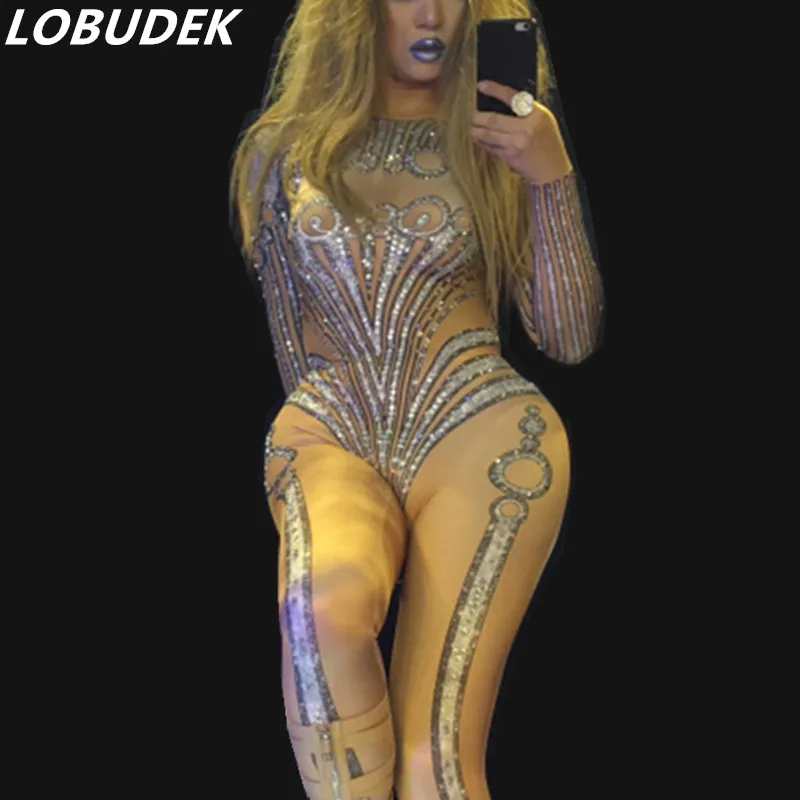 

Silvery Rhinestones Jumpsuit Sparkly Crystals Stretch Leotard Bodysuit Sexy Nightclub Bar Women Singer Stage Outfit DJ Costumes