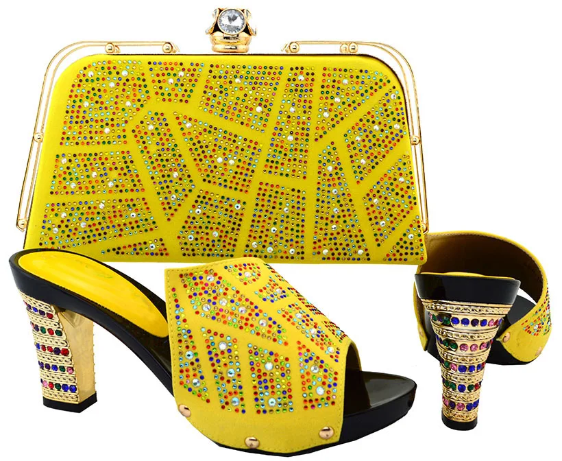 

Yellow Color African Shoes and Bags Matching Set Decorated with Rhinestone African Wedding Shoe and Bag Sets Wome Party BCH-19