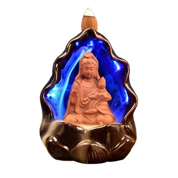 

New Creative Ceramic RGB LED Light Backflow Incense Censer Buddha Guanyin Monk Living Room Home Decro Sandalwood Lotus Burner