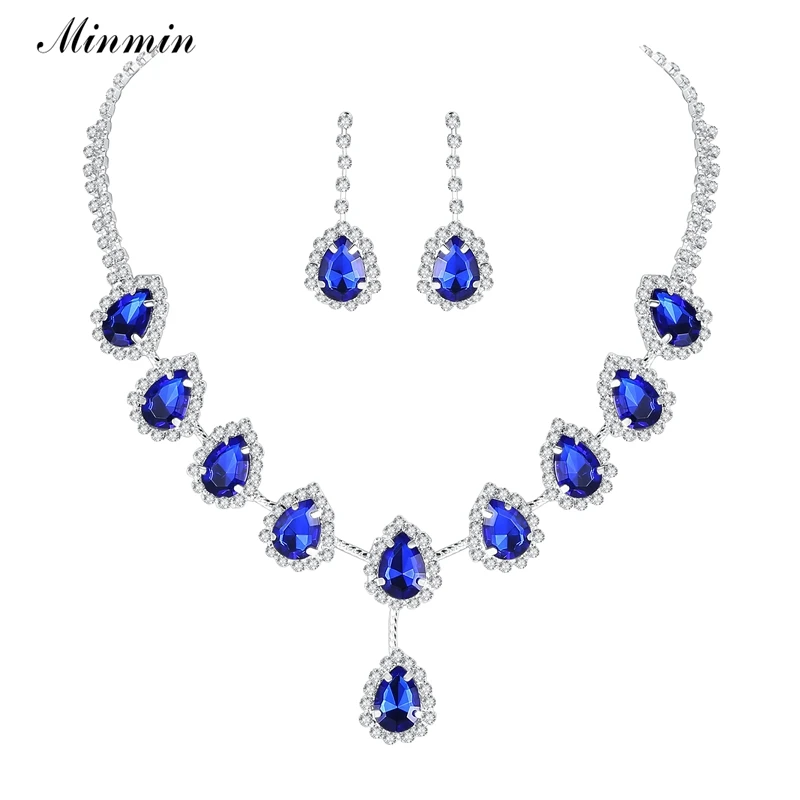 

Minmin Twinkling Blue Crystal Teardrop Imitated Wedding Bridal Jewelry Sets Necklace Earrings Sets for Women TL018
