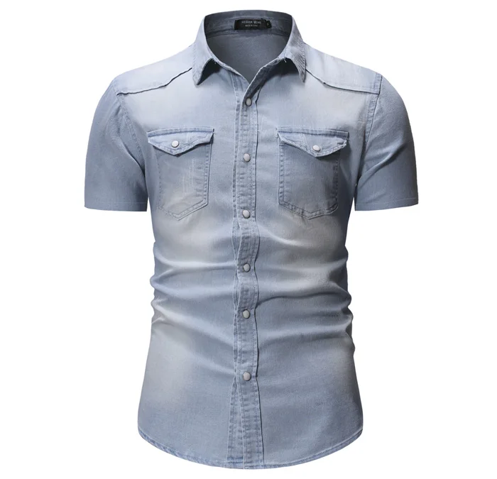 Летняя новая джинсовая рубашка мужская с коротким рукавом Тонкая Повседневная хлопковая ретро модная однотонная однобортная рубашка плюс размер 3XL - Цвет: Небесно-голубой