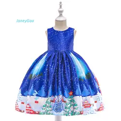JaneyGao для девочек в цветочек платья синий и белый Строгая детская одежда милые с рождественских узор платье принцессы праздничное платье на