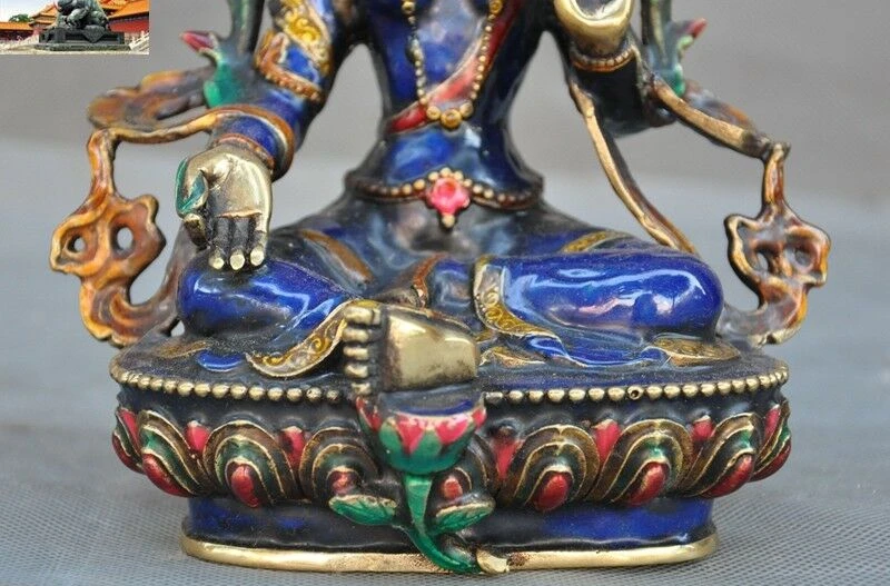 8 &quotтибетские бронзовые Перегородчатые Позолоченные Зеленые Tara Kwan Yin статуя