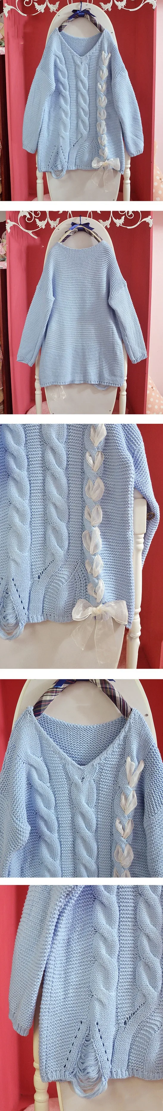 So Kawaii/Зимний вязаный свитер в стиле Лолиты для девочек тонкие пуловеры с кружевным бантом и длинными рукавами