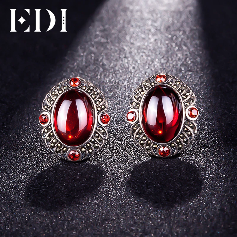 EDI 925 Sterling Silver Simulated Garnet Gemstone Clip Earrings for Women Jewelry Classic Red and Black Vintage Halo Earrings