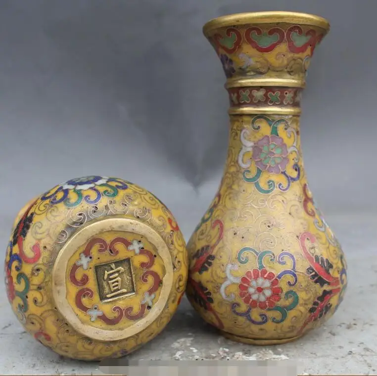 

S2050 7" Marked Chinese Folk Bronze Cloisonne Enamel Flower Vase Bottle Statue Pair
