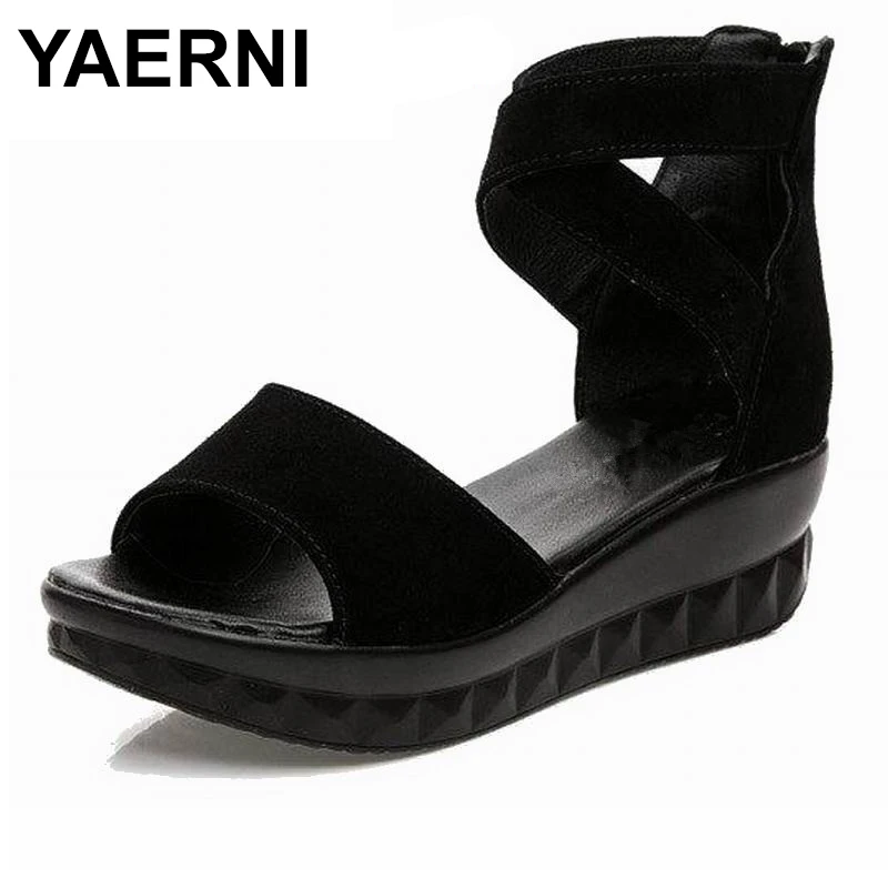 

YAERNI Woman platform women genuine leather slippers small size wedges sandalias women casual shoes flip flops woman E560